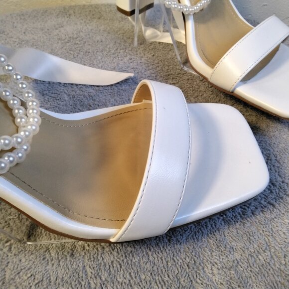 Adorose White Satin Heels Block with Pearl Ankle Straps Size 10 with Bow Bridal - Picture 7 of 14